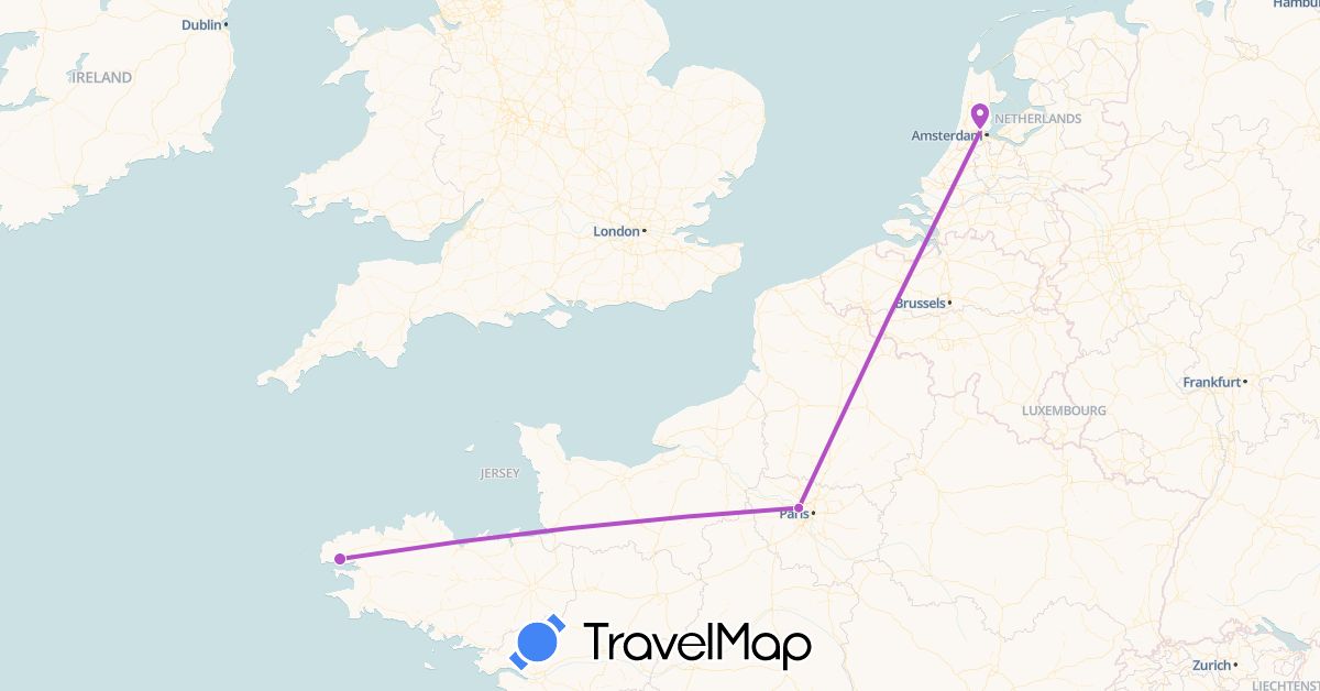 TravelMap itinerary: driving, train in France, Netherlands (Europe)
